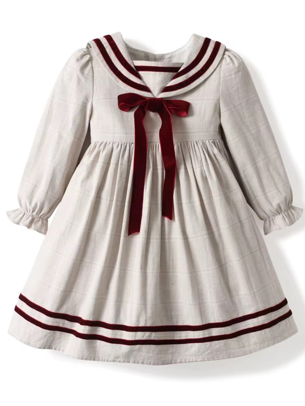 Pepa London dress features a classic sailor collar accented with a burgundy bow